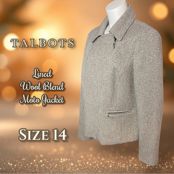 Talbots Lined Silver Gray, Tan and Cream Wool Blend Moto Jacket Blazer Size 14 - Picture 1 of 15